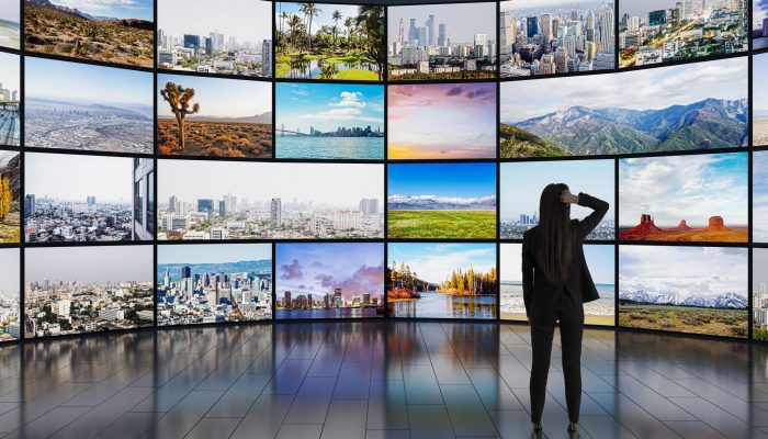 Back,View,Of,Young,Businesswoman,Looking,At,Video,Wall,In